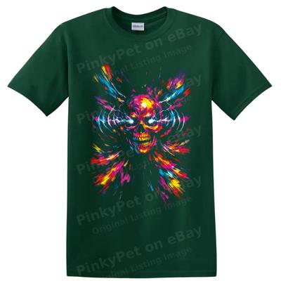 Neon Skull T Shirt W/ Color Splash Abstract Punk Rock Graphic Tee Halloween Art
