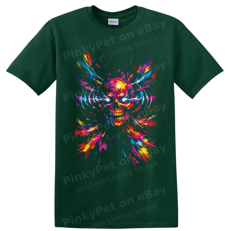 Neon Skull T Shirt W/ Color Splash Abstract Punk Rock Graphic Tee Halloween Art