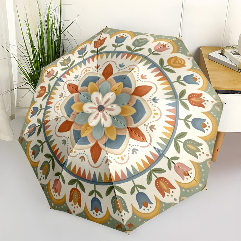 

1pc Floral Mandala Automatic Opening/Closing Folding Umbrella with 8 Ribs,Windproof Portable Sunshade Umbrella Holiday gift yy260401027