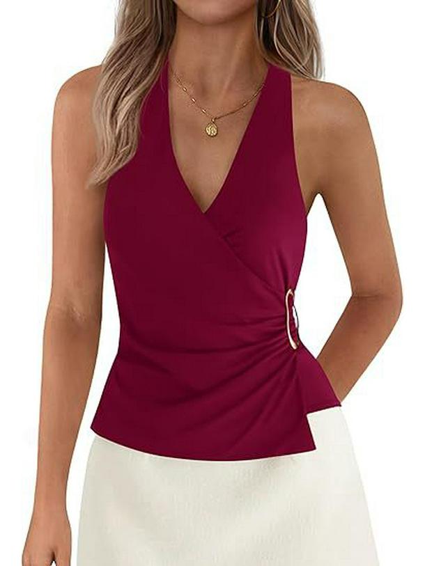 Women's Solid Color Sleeveless V-neck Halter Backless Top - Summer Style
