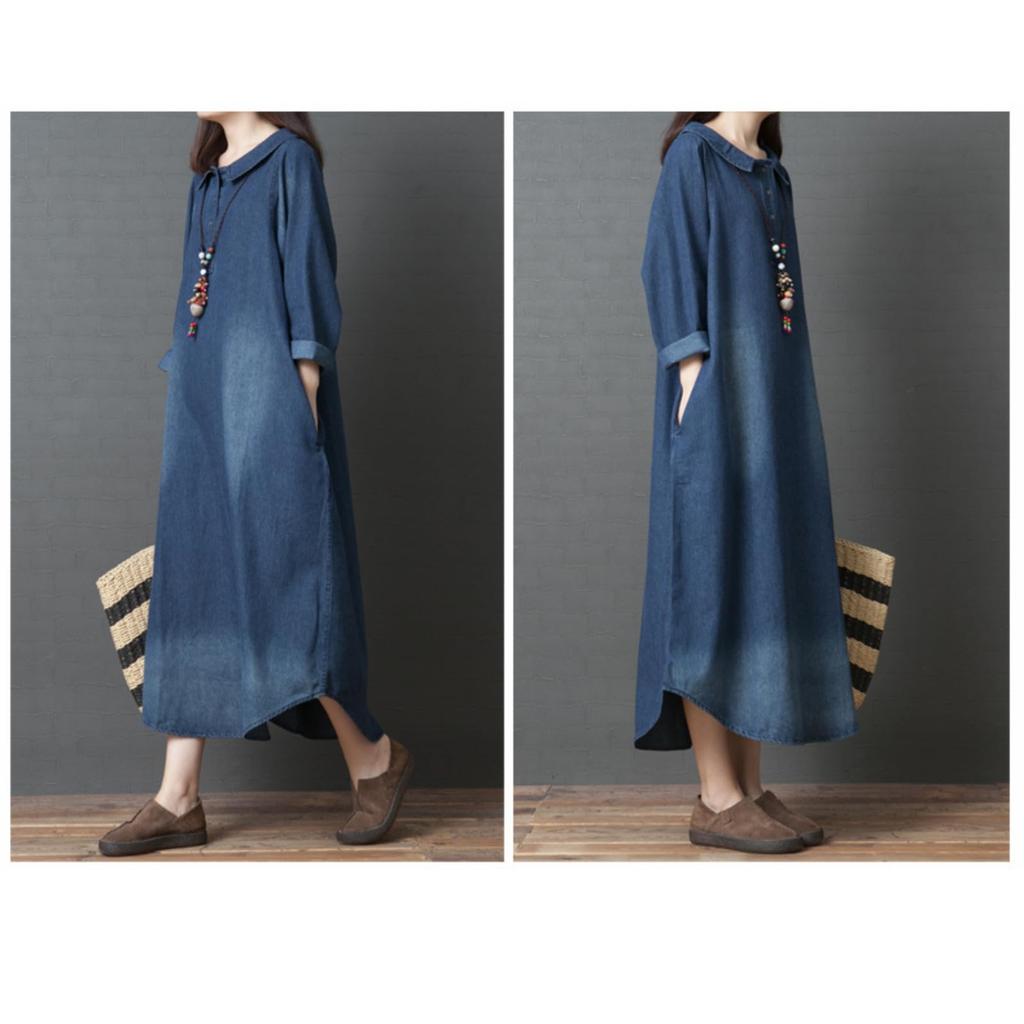 Denim Long Loose Long Slimming All with Office Winter [JINJUDUO] Women's Dress, Sleeve, 100% Cotton, Fit, Length, Figure-Flattering, Effect, Seasons,
