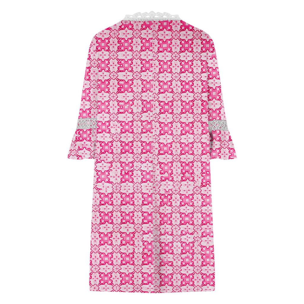 Women's Fashion Women's V-neck Printed Lace Patchwork Bohemian Casual Resort Three Quarter Sleeve Dress