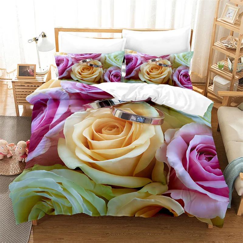 Deluxe Rose Queen Bedding Set Beautiful Flower Duvet Set Romantic Flower Three-Piece Set