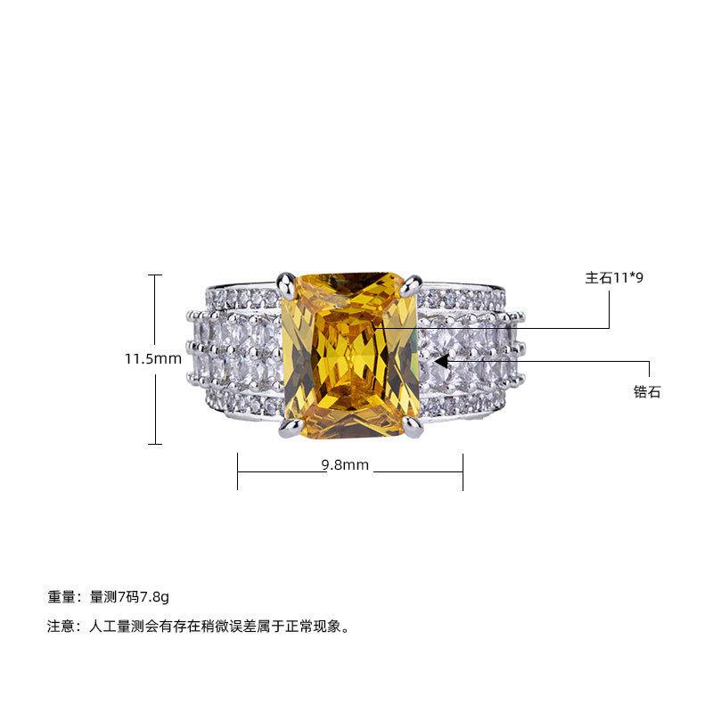 Yellow Zircon Ice Flower Cut High Carbon Diamond Square Ring Light Luxury High-End Design Temperament Ring