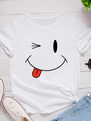 Tongue Out Smile Face Print Women T Shirt Short Sleeve O Neck Loose Women Tshirt Ladies Tee Shirt Tops Clothes Camisetas Mujer