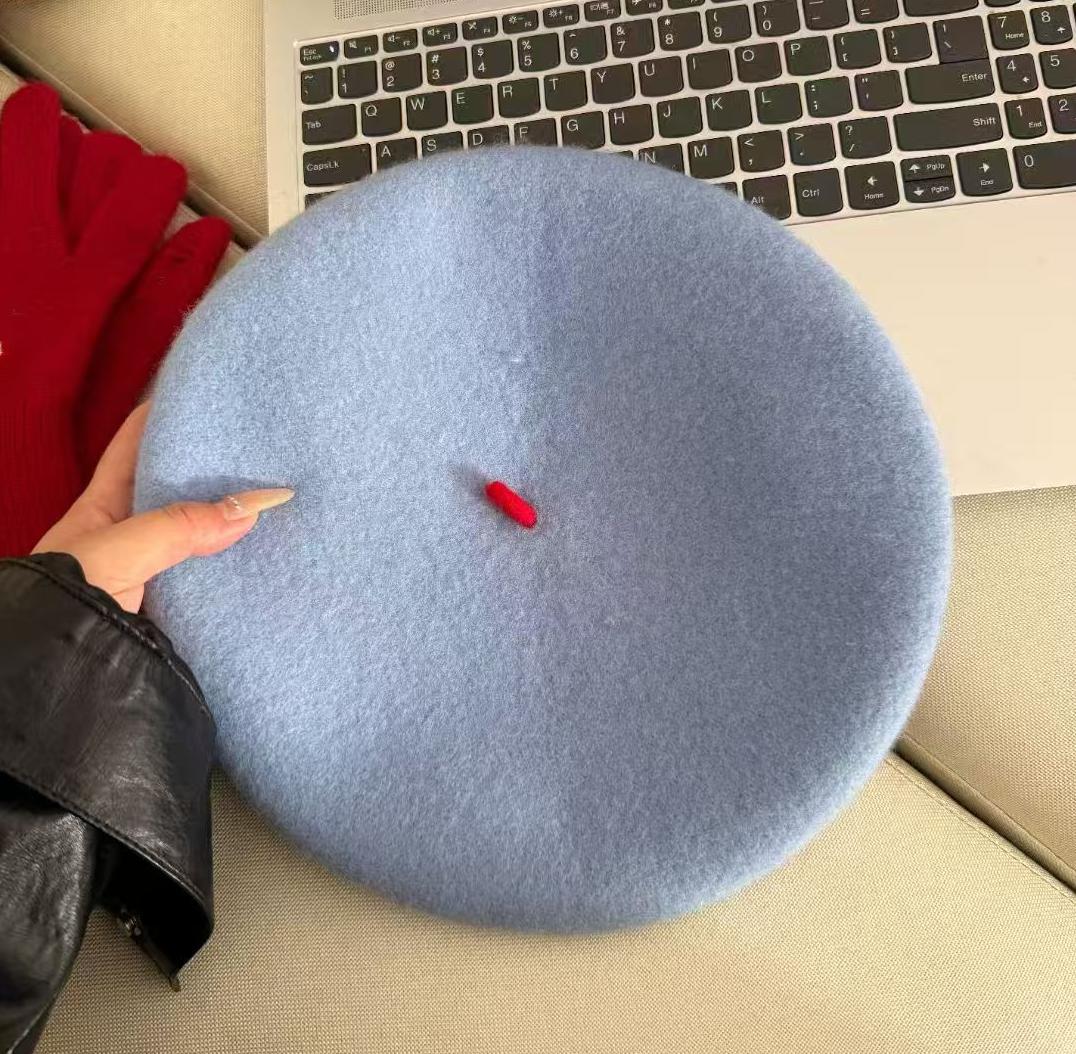 

Wool Beret Winter Hats For Women Painter Cap Keep Warm Windproof Solid Color New Beret Cap Female Solid Color New Design Vintage 56-58cm небесно-голубой