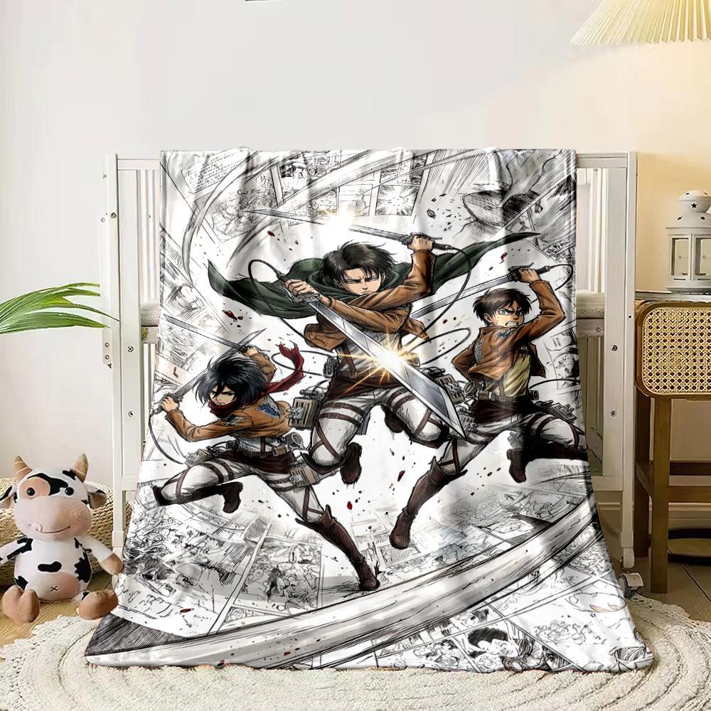 Three characters in dynamic poses wielding swords with flowing motion lines. for all seasons blanket lunch break throw gift