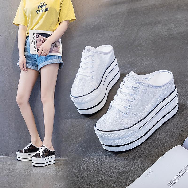 Mode Casual skor Tofflor Dam Kanvas skor Mode Andningsbar Plattforms Kilklack Dam Toffel Sneakers Mules Sandaler Slide