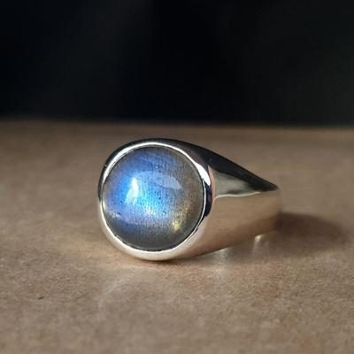 Runder Cabochon Blauer Feuer-Labradorit 925 Sterlingsilber Ring Schmuck, Unisex Siegelring Labradorit