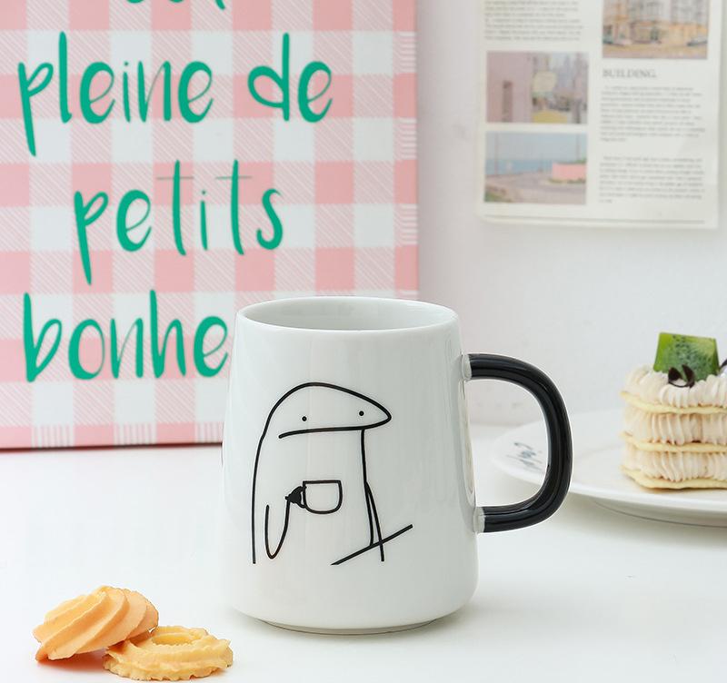 Household Ceramic Cup Korean New Cute Cartoon Abstract Funny Office Coffee Mugs Handle Creative White Simple Couple Water Cup