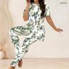 Women Plus Size Floral Printed Round Neck Short Sleeve Long Top And Fitted Pants Two Piece Set