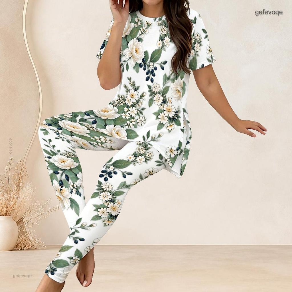 Women Plus Size Floral Printed Round Neck Short Sleeve Long Top And Fitted Pants Two Piece Set