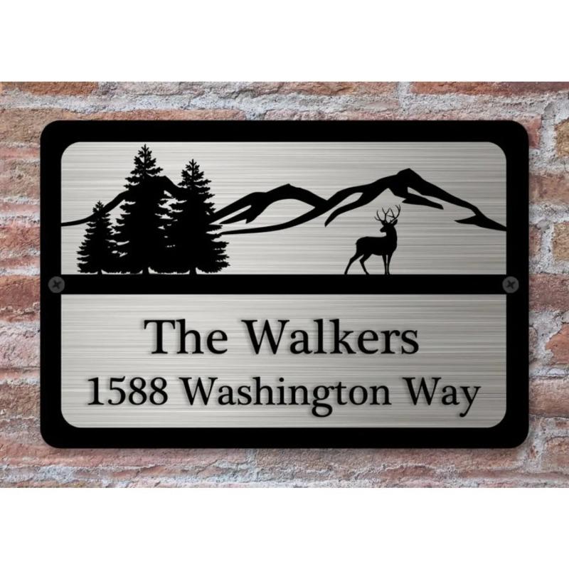 Metal Wall Art Custom Deer Landscape House Number Sign Personalized Plaque Decor