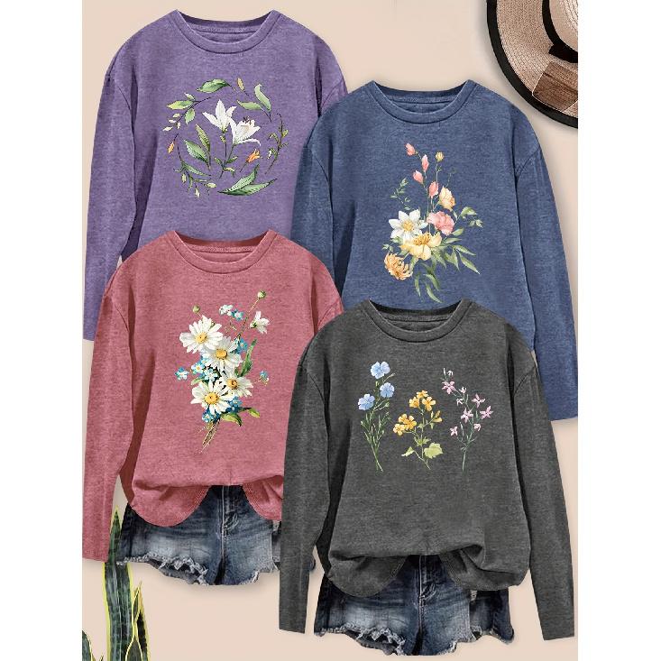 Elegant women's clothing with beautiful lines and floral print patterns, casual round-neck long-sleeve for spring, summer, autumn, and winter4Pieces