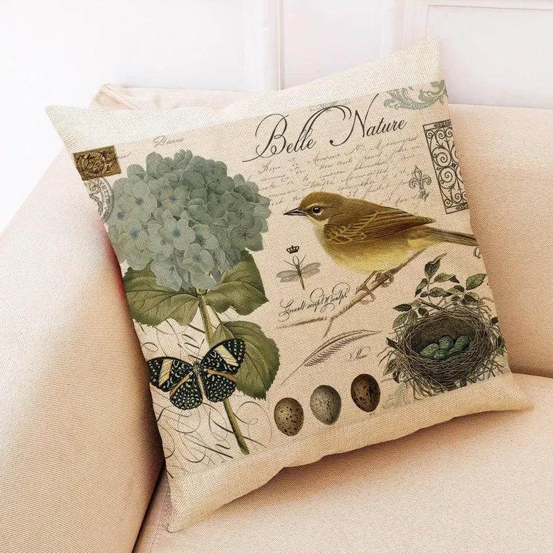 Retro Flower And Bird Design Linen Pillowcase Car Seat Cushion Cover Decorative Living Room Sofa 45*45Cm