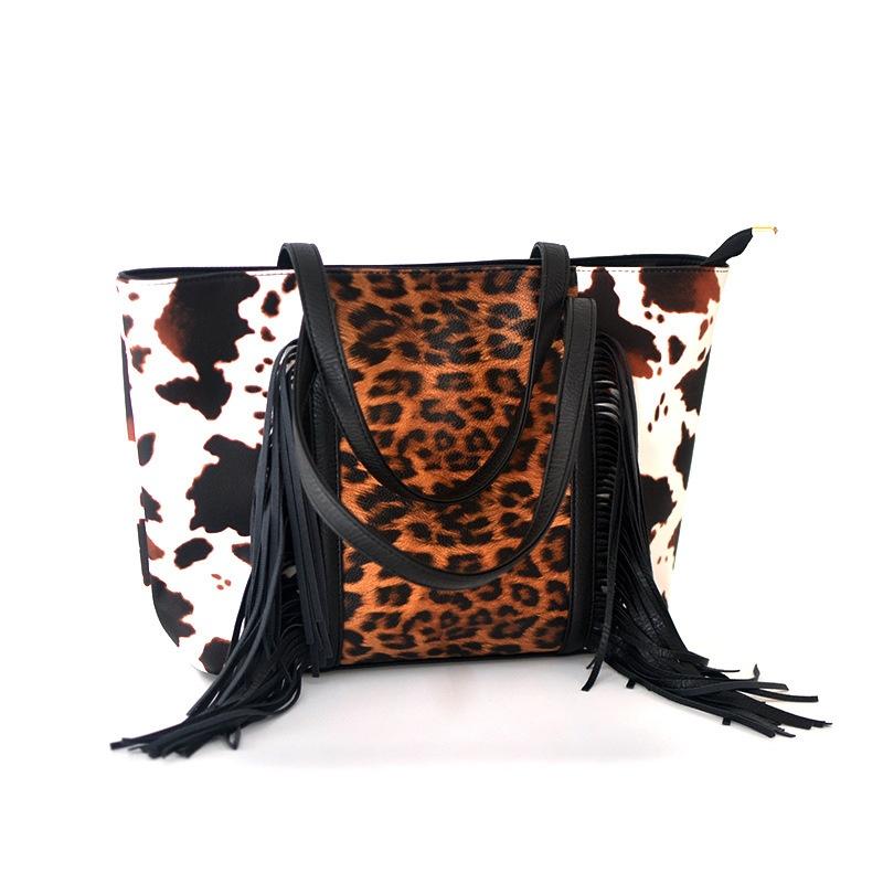 

Women s Vintage Leopard Print Tote Bag Cow Pattern Handbag Large Tassel Bag Fashionable Printed Patchwork Shoulder Bag чёрный