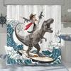 Vikama Western Cowboy Cat Tyrannosaurus Rex Surfing Shower Curtain Cartoon Whimsical Design Unique And Humorous Atmosphere Decor