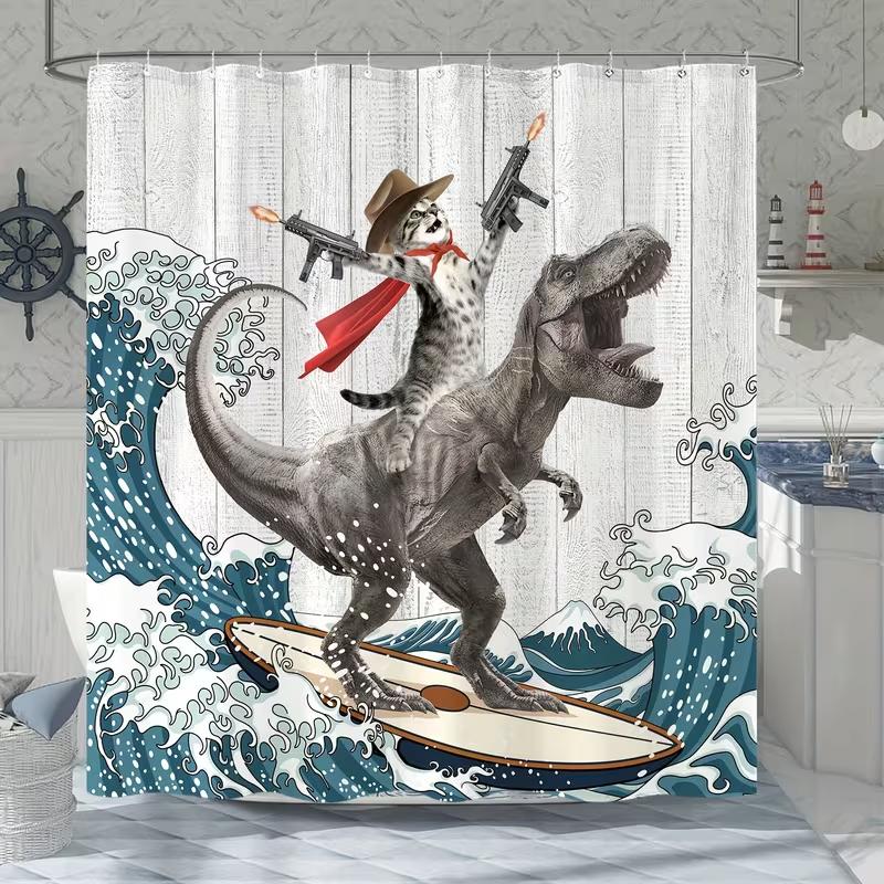 Vikama Western Cowboy Cat Tyrannosaurus Rex Surfing Shower Curtain Cartoon Whimsical Design Unique And Humorous Atmosphere Decor