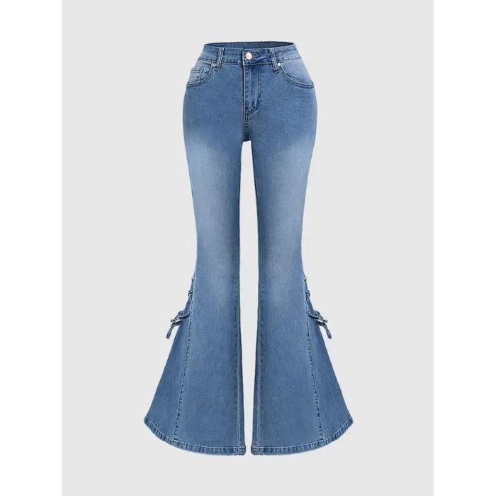 Cross-border Women s Mid-Waist Elastic Slimming Flare Bow Lace-up Jeans Large