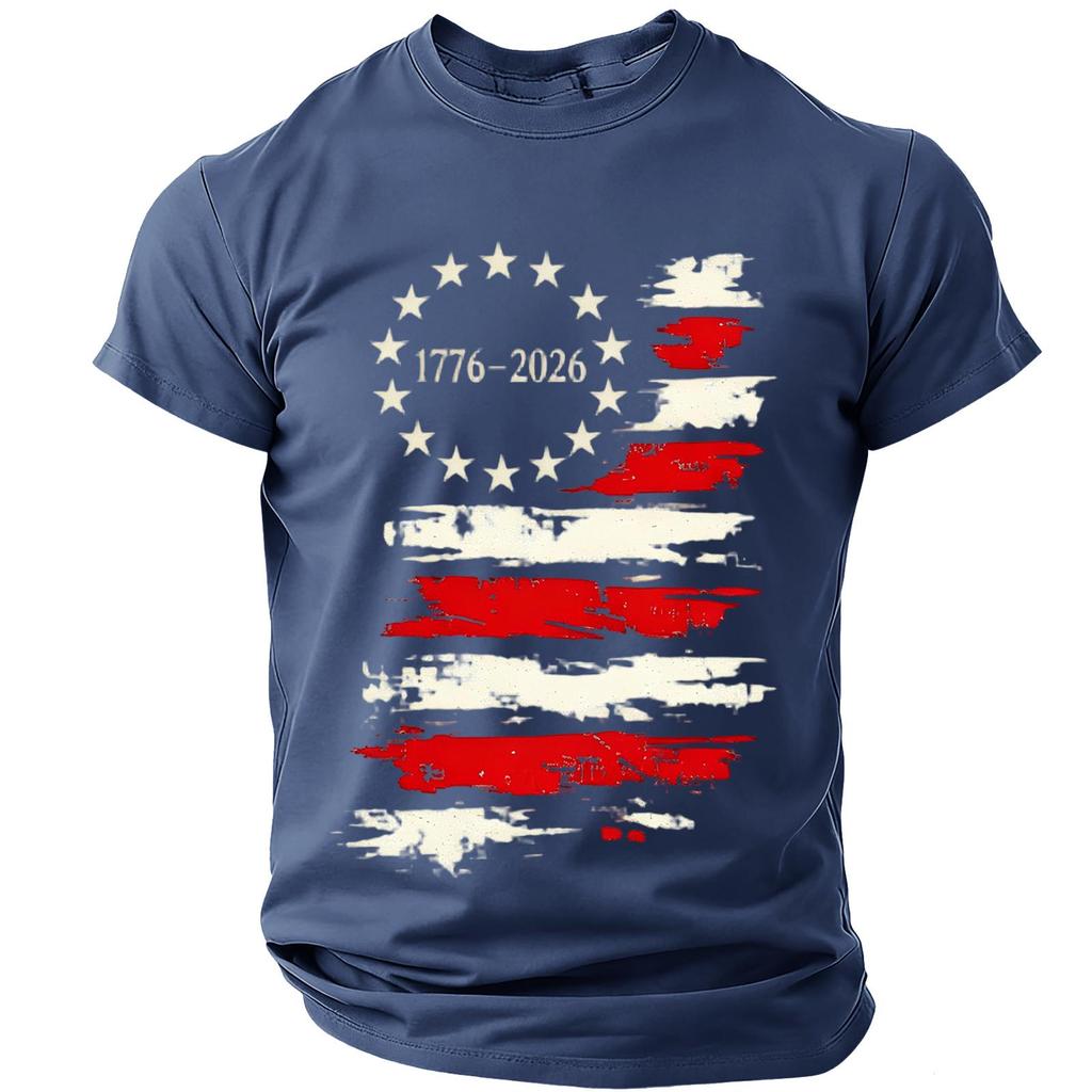 Men’s Short Sleeve Crew Neck T Shirt with Distressed Flag Print 776–2026 Graphic for Everyday Wear