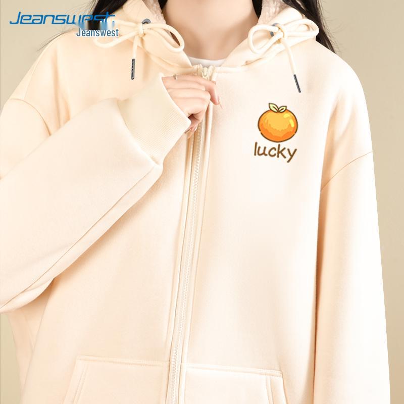 JEANSWEST Thickened Fleece-Lined Cartoon Print Hooded Cardigan