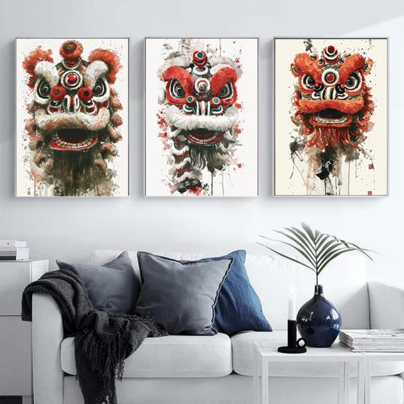 Modern Colorful Chinese Lion Dance Ink Wash Style Posters and Prints Canvas Printing Wall Art Picture for Living Room Decoration