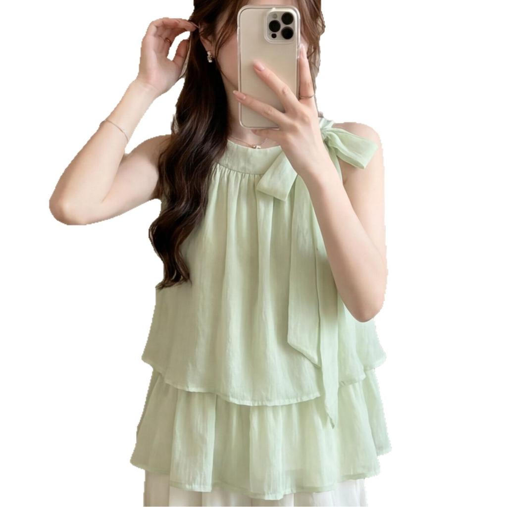 Summer New Pure Desire Style Bow Strap Ruffle Edge Sleeveless Shirt Women's Loose and Thin Versatile Temperament Top