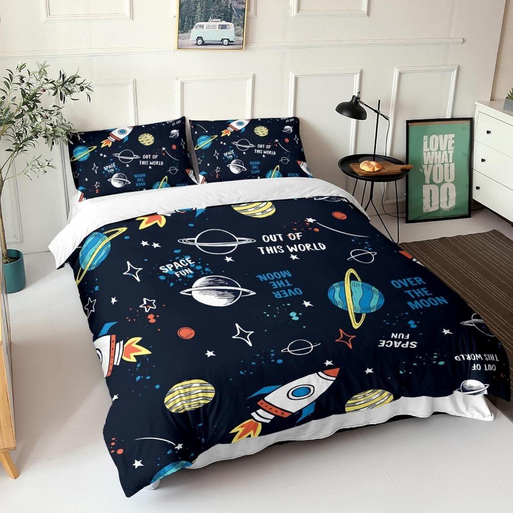 Universe Planet Rocket 3DCartoon   Microfibre Bedding Sets Children's Bed Linen with Zip Room Decor  Duvet Cover  Adult Duvet
