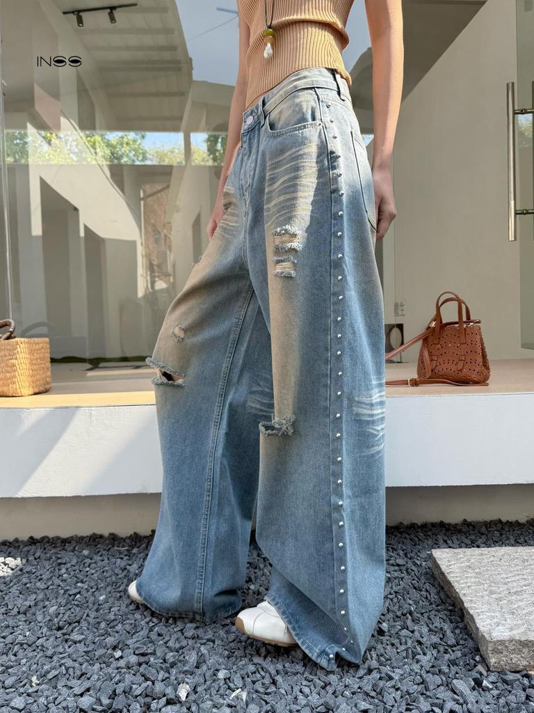 INSS Women's High Waist Loose Wide Leg Jeans with Hole Design - 2026 Spring/Summer Collection #91125