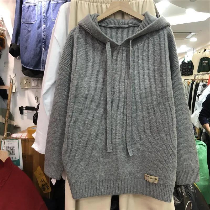 Sweater for Women Winter Solid Color Hooded Sweater for Women - Korean-style Loose-fit Casual Thick Pullover Knit Sweater