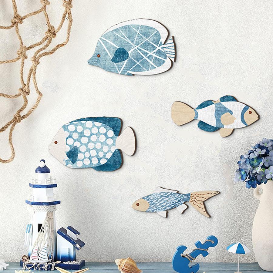 4pcs Nordic Bathroom Wall Decoration Set Wooden Hanging Coastal Wooden Wall Decoration Navigation Decoration Hanging Sea Fish
