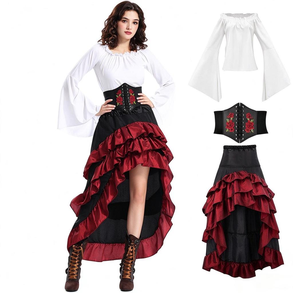 Abito Corsetto Arricciato Gonna Pirata - Costume Medievale di Halloween, Personalizzabile
