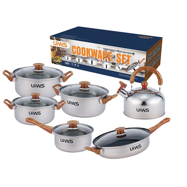 Durable Cooking Pot Kitchenware Nonstick Cookware Set Cooking Pot Pans Set with Wooden Handle  Stainless Steel for Kitchen