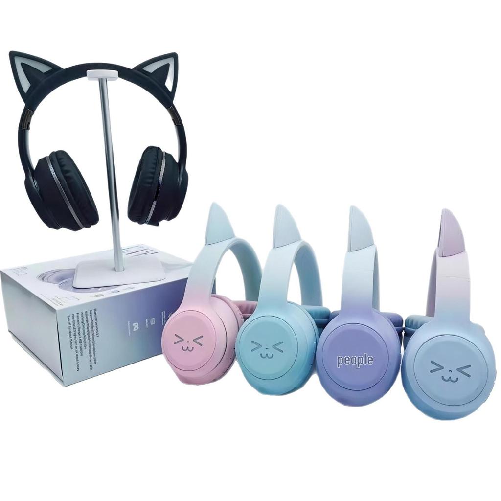 Gradient Cat Ear Luminous Wireless Bluetooth Headphones – Foldable and Sporty