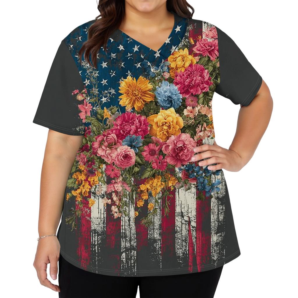 Women's Fashionable Casual Independence Day American Flag And Stars Print V-neck Short-Sleeved Work Shirt With Double Side Slits And Pockets