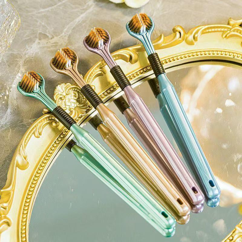 4Pcs 3D Stereo Three-Sided Toothbrush Ultra Fine Soft Hair Adult Toothbrushes Tongue Scraper Oral Care 360° Cleaning Teeth Brush