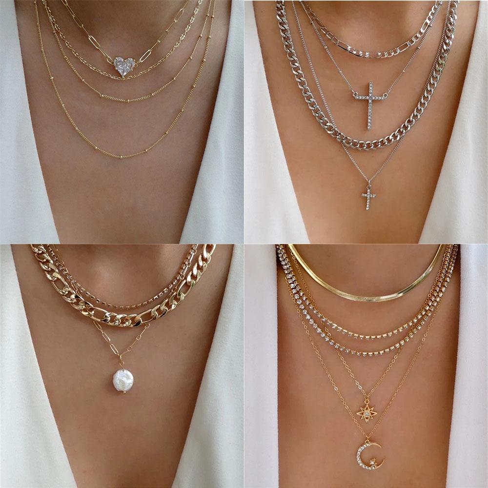 Classic Gold Multilayered Necklace for Women Vintage Silver Geometric Pendant Necklaces Butterfly Choker Jewelry
