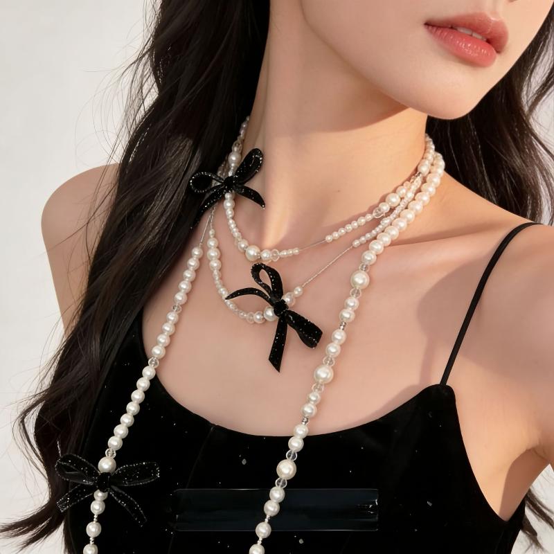 Elegant Multi Layered Pearl Ribbon Bow Layered Tassel Necklace Niche Sweet Drape Neck Chain Trendy Necklace Jewelry Accessories
