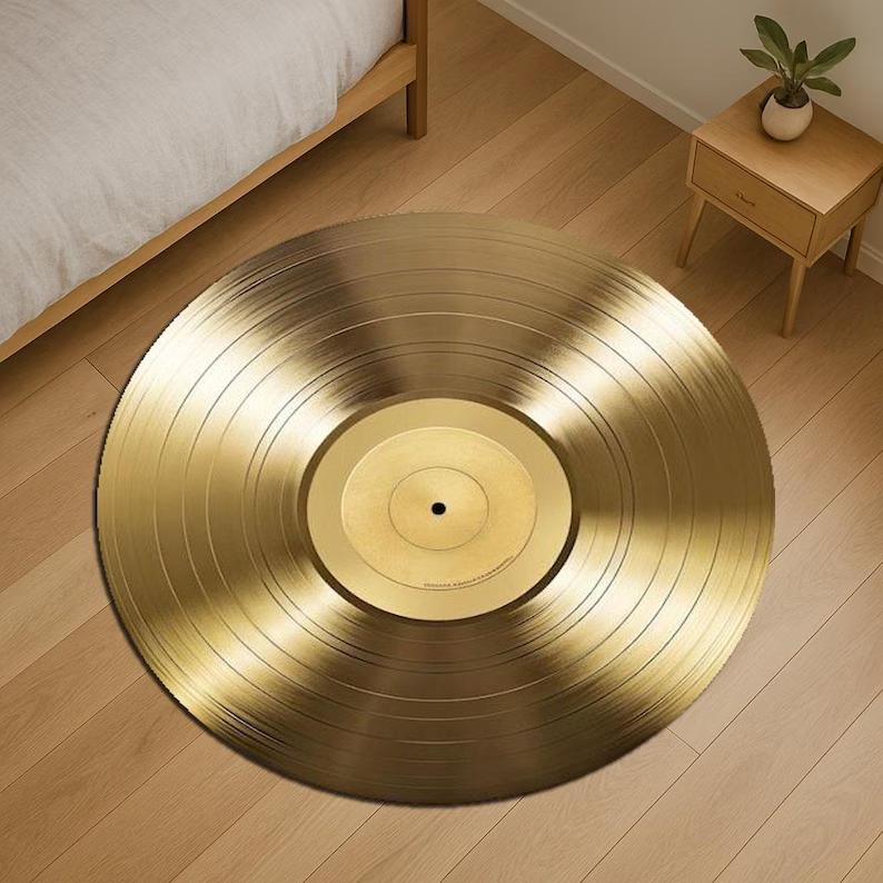 Cd Rug Retro Vinyl Record Round Rug Music Lover’s Black Record Carpet Musical Notes Design for Living Room Bedroom Home Office