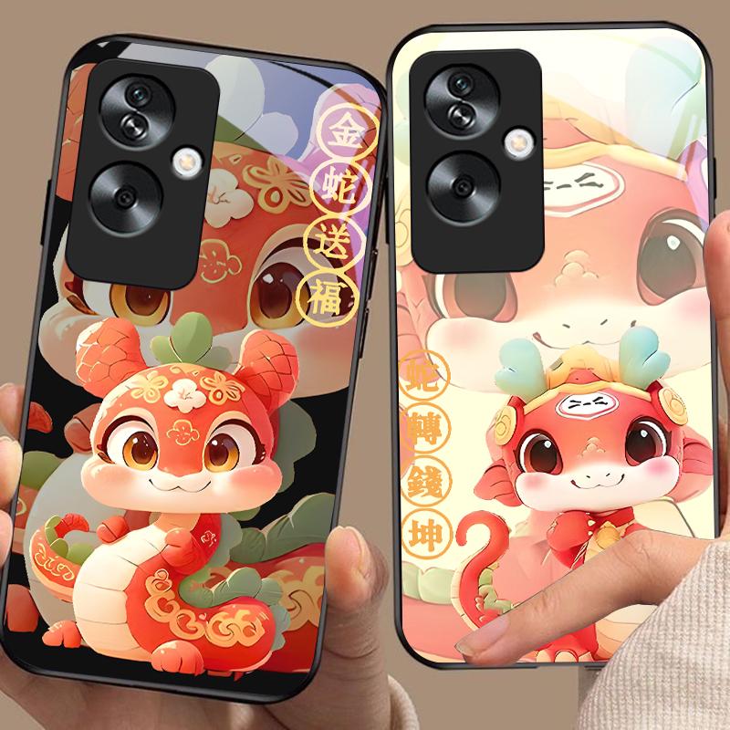 New Cartoon Snake For Oppo A79 5G 58 78 74 60 4G Reno 11F Realme GT 6 11 Note 50 10 C55 X2 Tempered Glass Black Phone Case