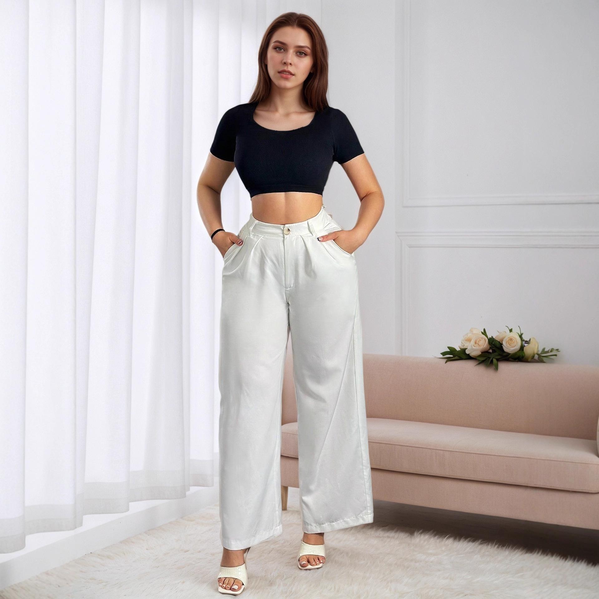 Trendy European & American Women s High Waist Wide Leg Pants - Solid Color, Casual, Commuter Style. L