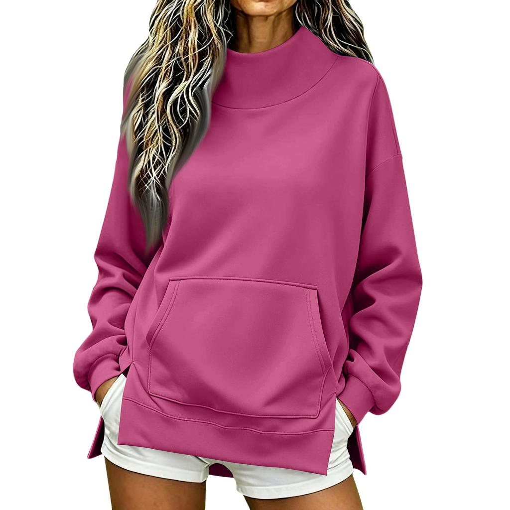 Women's High Neck Side Slit Sweatshirt Lightweight Loose Fit Long Sleeve Pullover for Fall