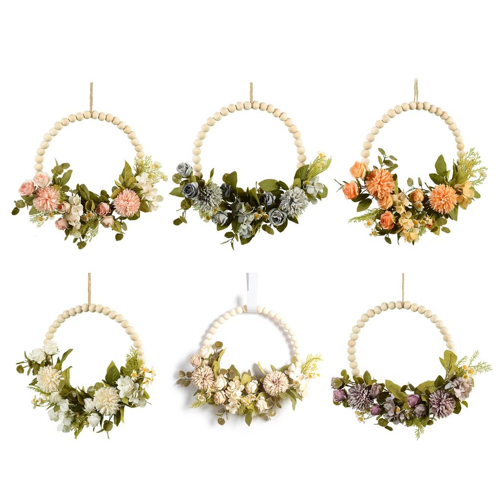 Wood Beads Artificial Flower Wreath for Front Door Spring Wreath for Wedding Valentines Indoor and Outdoor Decoration