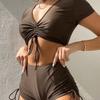 Costume da bagno due pezzi da donna nero a maniche corte con coulisse, top corto e pantaloncini a vita alta