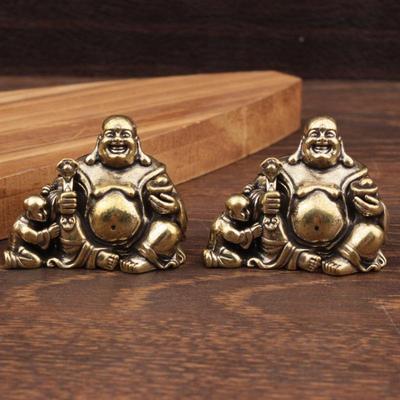 Antike Kupfer Maitreya Buddha Statue Kleines Messing-Schreibtischornament Heimdekoration Skulpturen Religionsraum Schreibtischdekoration