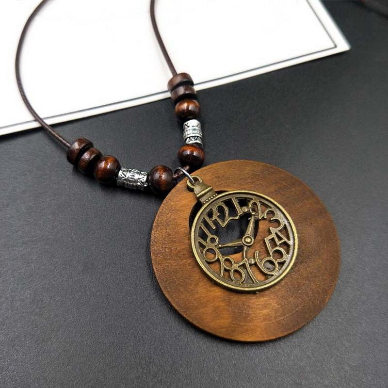 Vintage Mode Winter Langer Pullover Kettenhalskette Handgefertigt Holz Rundes Anhänger Halskette Damen Schmuck Halskette Schmuck Geschenke