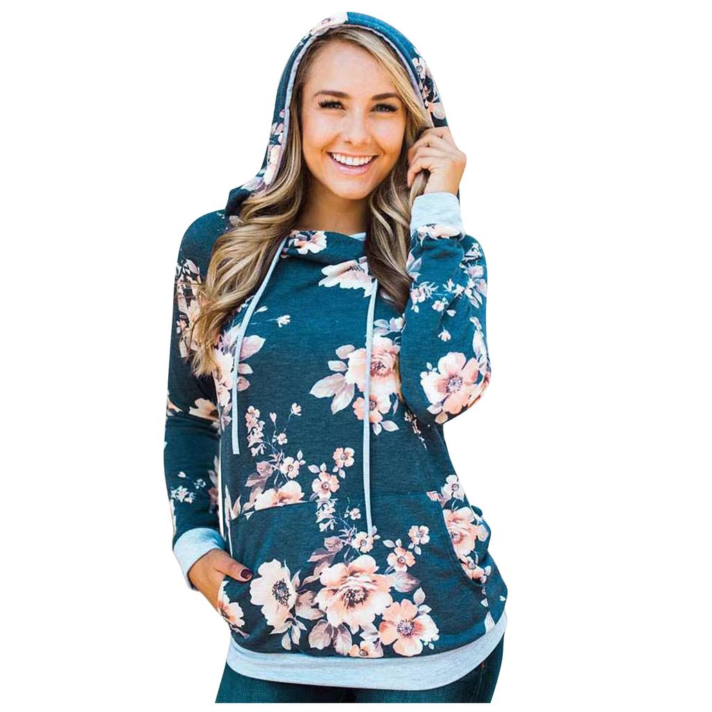 Women's Fashion Printed Hooded Long Sleeve Loose Tops Blouses Sweater