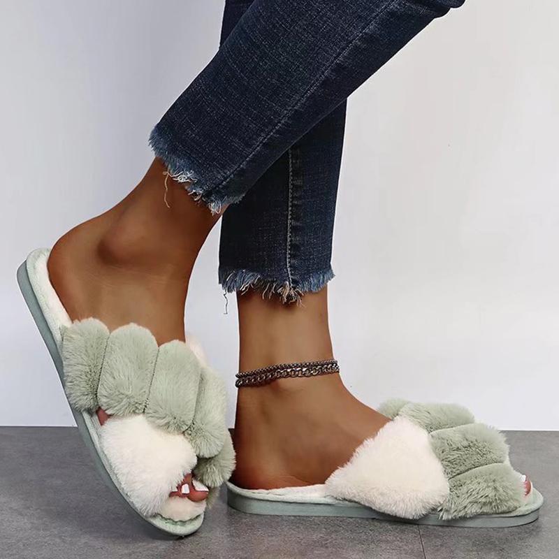 High Fashion Mix Color Fur Slippers Women Autumn Winter 2025 Soft Sole Long Plush Indoor Outdoor Slides Shoes Women Fluffy Cozy