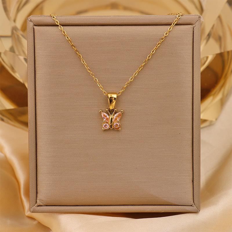 Retro Commuter Christmas Necklace: 18K Plated Titanium Steel with Zircon Inlaid Colorful Butterfly Pendant for Women