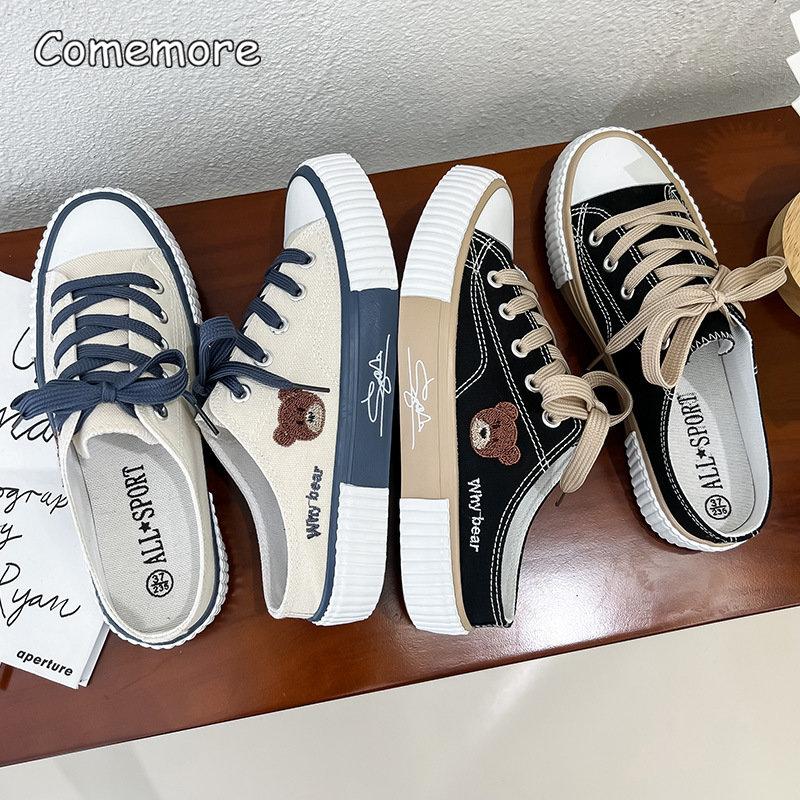 Fashion Comemore Spring Women Cute Bear Canvas Shoes Flat Casual All-match Half Slippers Korean Version Lace Up Ladies Vulcanized Shoe